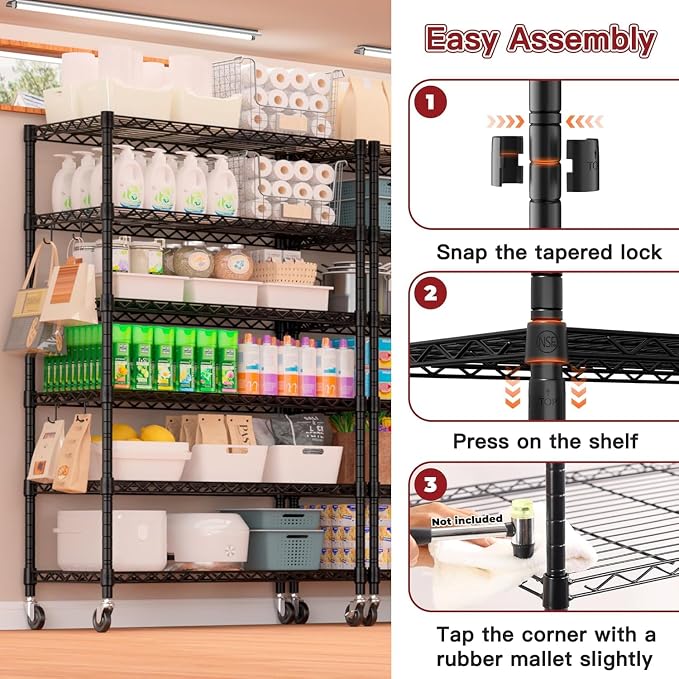 PrimeZone 6 Tier Wire Shelving with Wheels 79''H 1500lbs Storage Shelves NSF Certified Heavy Duty Steel Metal Shelf Adjustable Rolling Rack Kitchen Garage Closet Pantry Laundry 79''HX36''WX16''D 2Pcs - Image 7