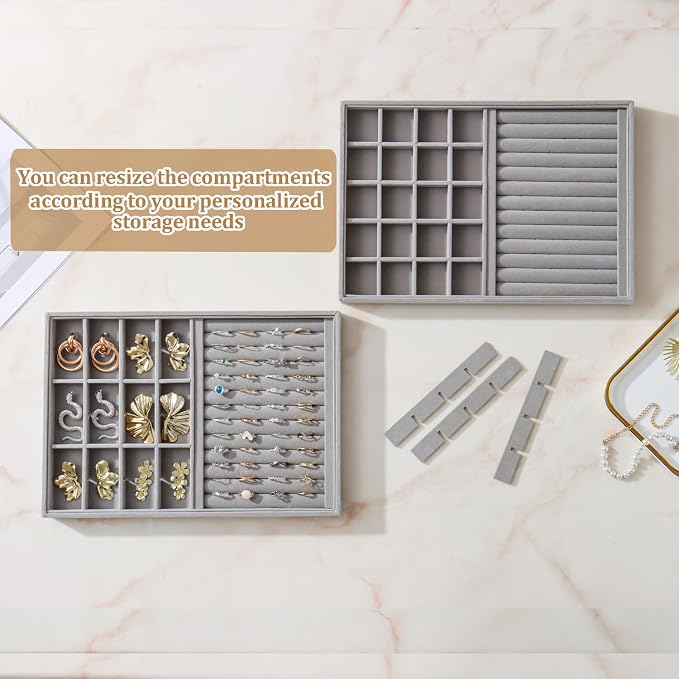 Large Velvet Jewelry Tray 2 Pack Stackable Jewelry Display Drawer Inserts Trays Organizer for Earring Bracelet Necklace Ring (Gray, Ring and 24 Grids) - Image 3