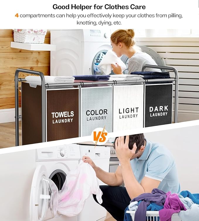 ROMOON Laundry Hamper Sorter Cart: 4-Section Organizer with Heavy-Duty Lockable Wheels and Removable Bags | 180L Rolling Laundry Basket for Dirty Clothes in Laundry Room or Small Spaces (Multicolor) - Image 3