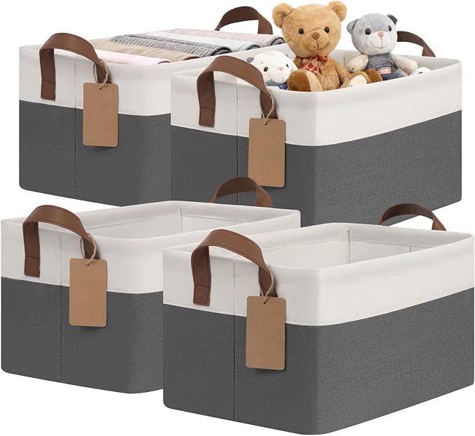 CHICVITA 4 Pack Storage Baskets for Shelves, Closet Organizers and Storage Bins with Handles, Fabric Toy Bins for Nursery Living Room, 14.8" x 10.3" x 8.3", Gray & White by CHICVITA