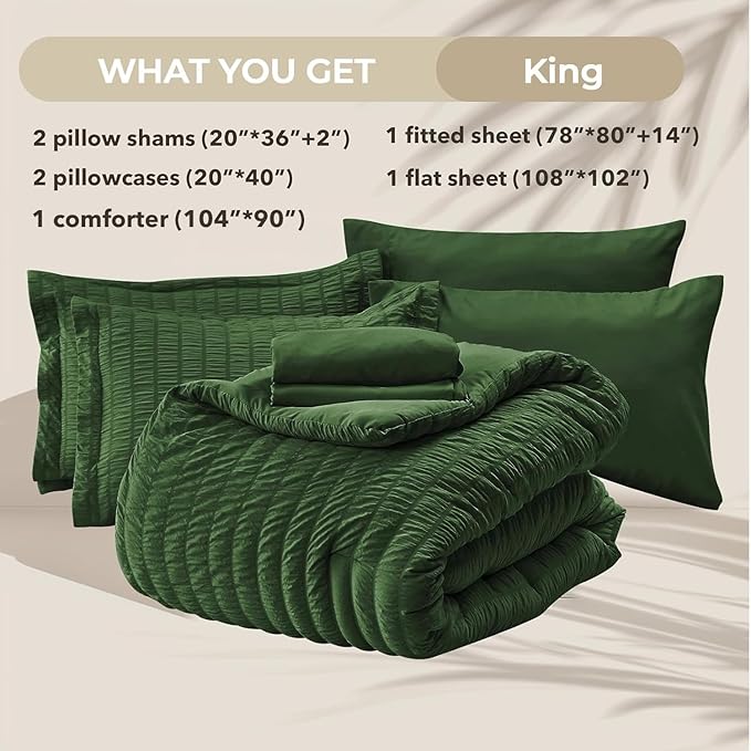 HYMOKEGE Dark Green King Size Comforter Set Seersucker 7 Pieces, All Season Luxury Bed in a Bag for Bedroom, Bedding Set with Comforters, Sheets, Pillowcases & Shams