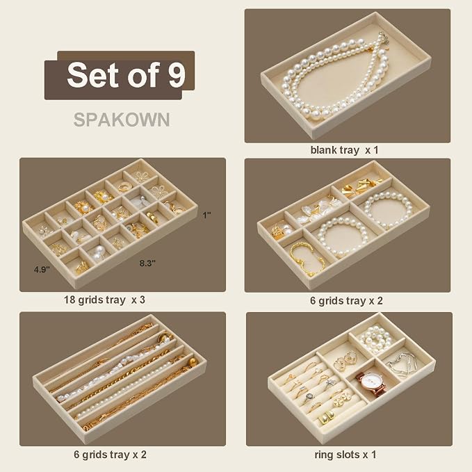 Stackable Jewelry Organizer Trays Set of 9, Small Velvet Jewelry Organizers Earring Necklace Ring Bracelet Display Case Storage for Drawer Dresser (Beige) - Image 3
