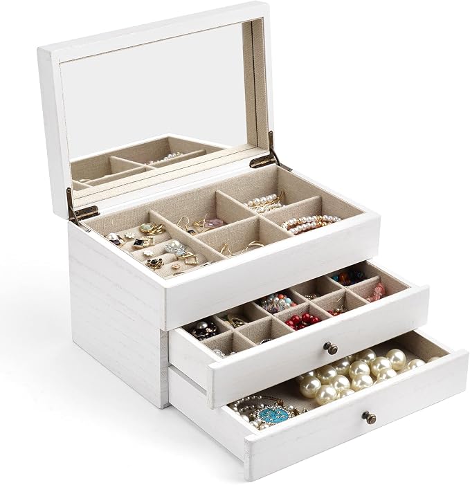 Meangood Jewelry Box Organizer for Women, 3 Layer Large Jewelry Storage Case, Rustic Wooden Jewelry Box with Mirror & Ring Tray for Necklace Earring Bracelets Rings, Vintage Style (White) by Meangood