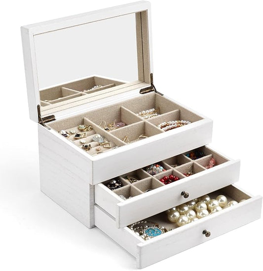 Meangood Jewelry Box Organizer for Women, 3 Layer Large Jewelry Storage Case, Rustic Wooden Jewelry Box with Mirror & Ring Tray for Necklace Earring Bracelets Rings, Vintage Style (White) by Meangood