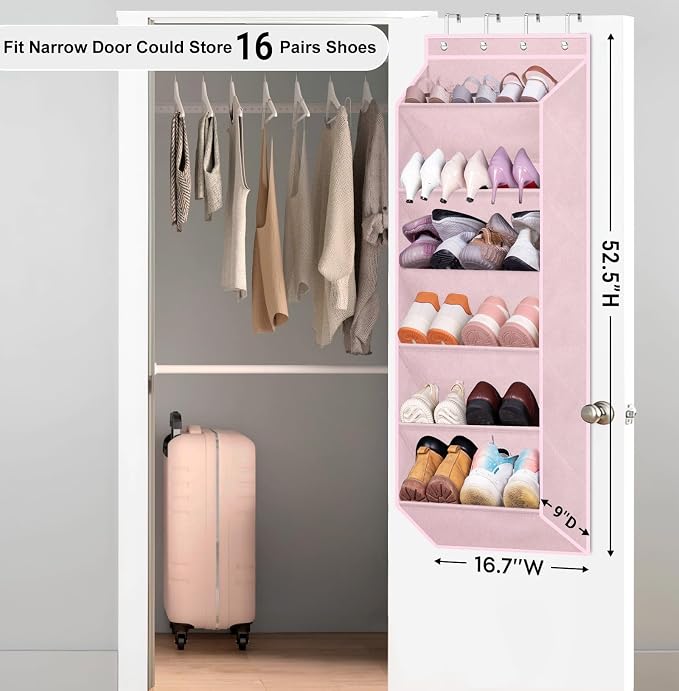 SLEEPING LAMB Over The Door Shoe Rack with Large Deep Pockets, Kids Shoe Organizer for Closet Door, Narrow Hanging Boots Storage, Pink - Image 2