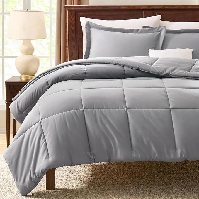 CozyLux Queen Comforter Set - Grey Comforters Queen Size, 3 Pieces Box Stitched Bed Set for All Seasons, Soft Lightweight Bedding Sets with 1 Down Alternative Comforter and 2 Pillow Shams