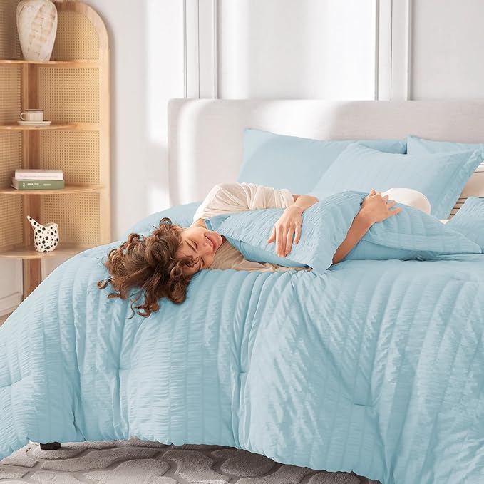 MUXHOMO 7 Pieces Queen Comforter Set, Seersucker Bed in a Bag Queen Size, All Season Luxury Bedding Set with Comforter, Flat Sheet, Fitted Sheet, Pillowcases & Shams, Lake Blue