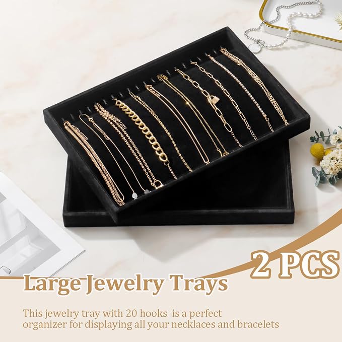 Large Velvet Jewelry Tray 2 Pack Stackable Jewelry Display Drawer Inserts Trays Organizer for Earring Bracelet Necklace Ring (Black, 20 Hooks) - Image 2