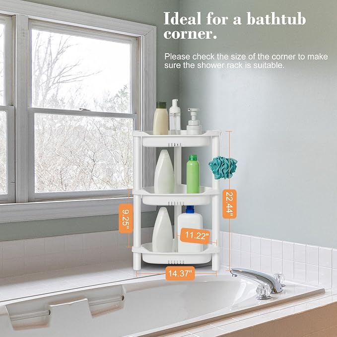 ELYKEN 3 Tier Shower Caddy Organizer Shelf Corner, 14.4 x 11.2 x 22.4 Inches, Rustproof, Plastic Shower Rack Stands for Inside Bathroom, Bathtub, White - Image 7