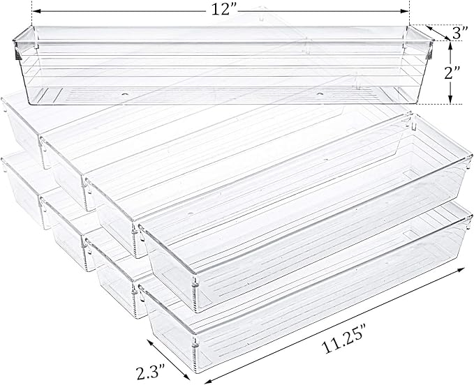Kingrol 10 Pack 12 x 3 x 2 Inch Clear Drawer Organizer Trays, Desk Drawer Divider Storage Bins, Storage Box Set for Kitchen Bathroom Office Supplies - Image 4