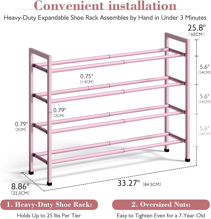 Bumusty 4-Tier Expandable Shoe Rack for Closet, 18“-33” Adjustable Shoe Rack for Small Space, Small Shoe Organizer for Front Door, Sturdy Metal, Pink - Image 3