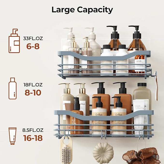 Orimade Shower Caddy Basket Shelf Storage Rack, No Drilling Wall Mounted Adhesive Rust Resistant Stainless Steel Shower Organizer with 5 Hooks for Bathroom, Light Blue Grey 2 Pack - Image 4