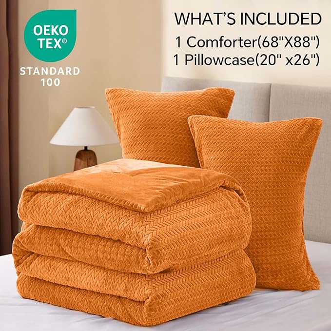 Flannel Fleece Twin Comforter Set - Furry Burnt Orange Leaves Pattern Faux Fur Bed Set, Winter Ultra Soft Fuzzy Comfort Set, Velvet Bedding Set for Bed with 1 Pillow case