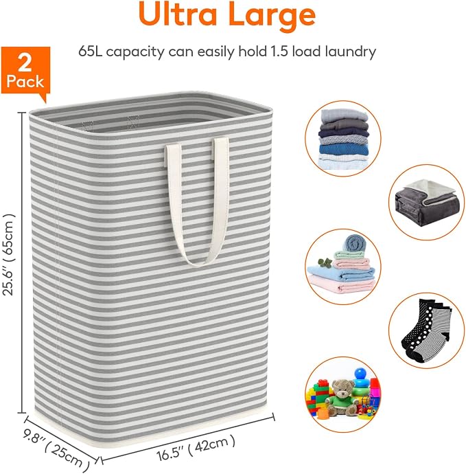 Lifewit 2 Pack Laundry Basket 65L Each, Collapsible Clothes Hamper with Reinforced Handles, Freestanding Waterproof Design for Bedroom and Laundry Room, Grey 130L Total - Image 3
