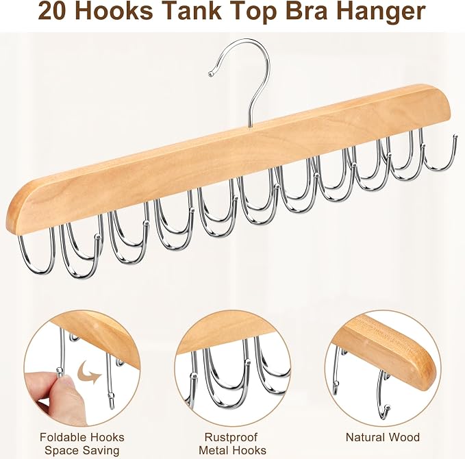 Bra Hanger for Closet, Tank Top Organizer 20 Hooks Capacity Foldable Wood Space Saving Hanger Closet Organizers and Storage for Dorm & Apartment for Tank Top, Hats, Scarf etc. - Image 3