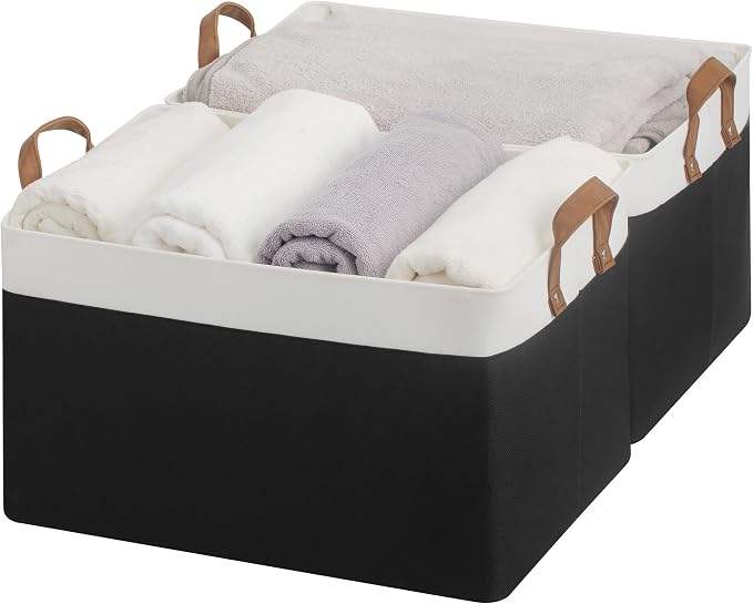 StorageWorks Storage Bins, Fabric Storage Bins for Shelves, Extra Large Storage Baskets with Metal Frame, Closet Baskets and Bins with Handles, Jumbo, Black and White, 2-Pack by StorageWorks