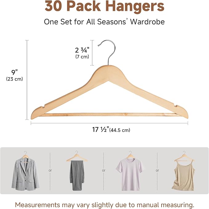 StorageWorks Wooden Hangers 30 Pack, Wood Coat Hangers for Closet, Heavy Duty Clothes Hangers for Suits, Shirts, Pants, Jackets, Natural Wood Color - Image 2
