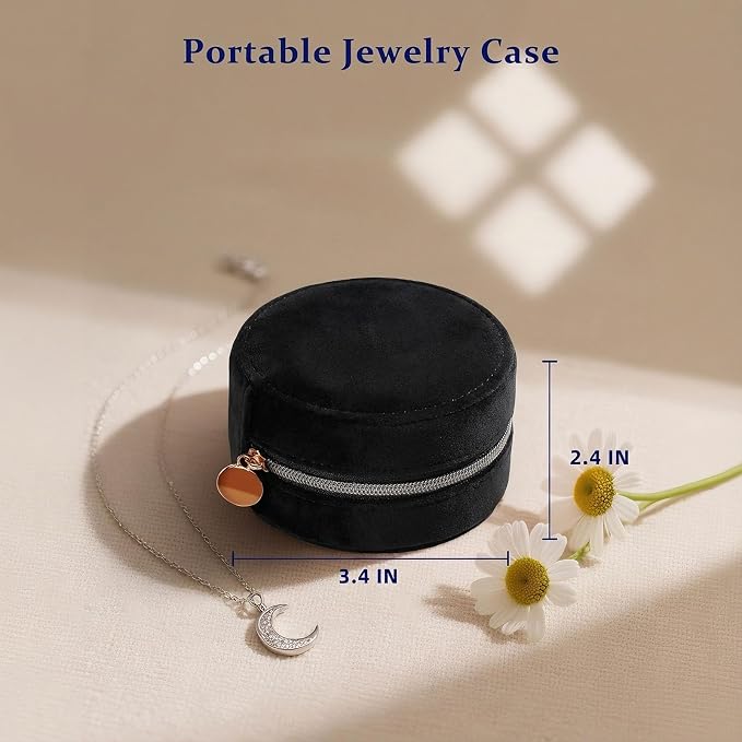 CONBOLA Travel Jewelry Case Small Jewelry Box for Women Girls,Round Velvet Mini Jewelry Travel Organizer,Portable Jewelry Box for Rings Earrings Necklaces Bracelets.(Black,Small) - Image 6