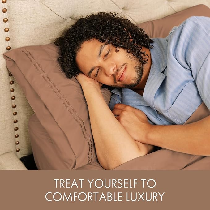 ClevaHome Full Size Sheet Set - 6 Piece Soft Breathable Luxury Bed Sheet Set - Shrinkage & Fade Resistant Embroidered Bedding Sheet with 14-inch Deep Pocket, 2 Extra Pillowcases (Full, Sandy Brown)