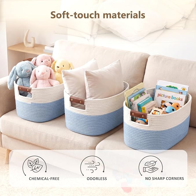 ECDYQXVU Cotton Rope Basket, Storage Baskets with Handle, 15x10x9 Inch Woven Basket for Shelves, Laundry, Towels, Clothes, Books (White/Blue 1Pack) - Image 5