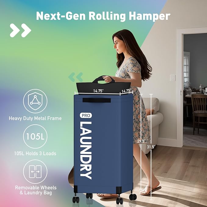 Caroeas Next-Gen 105L Matel Frame Laundry Basket with wheels, Heavy Duty Tall Rolling Laundry Hamper with Removable Wash Bag, Collapsible Freestanding Clothes Hamper (105L,Navy Blue,2Pack) - Image 2