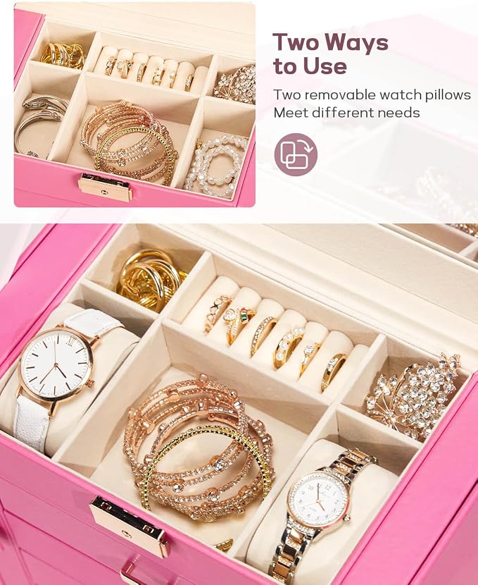 Homde Synthetic Leather Huge Jewelry Box Mirrored Watch Organizer Necklace Ring Earring Storage Lockable Gift Case (Pink + Gold) - Image 4