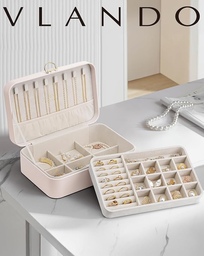 Vlando 2-Layer Jewelry Box,Valentines Day Gifts for Her Jewelry Organizer for Women Removable Jewelry Tray for Earrings Necklace,Gift Ideas,Birthday Graduation Gifts Apricot Pink - Image 5