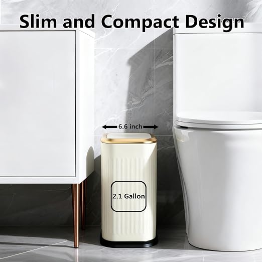 TIPGO Bathroom Trash Can with Lid, 2.1 Gallon / 8 Liter Small Garbage Can, Press Top Bin, Stainless Steel Wastebasket with Pop-Up Lid for Bedroom, Living Room, Office (Cream) - Image 2