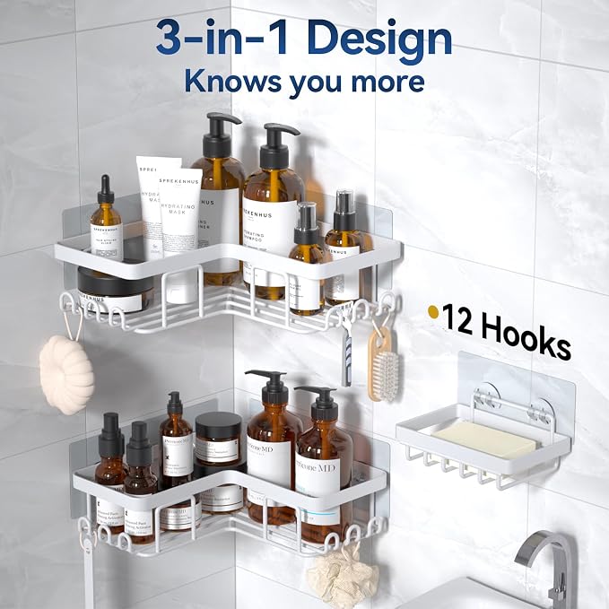 YASONIC Corner Adhesive Shower Caddy, with Soap Holder and 12 Hooks, Rustproof Stainless Steel Bathroom Organizer, No Drilling Wall Mounted Rack, White, 3-Pack - Image 5