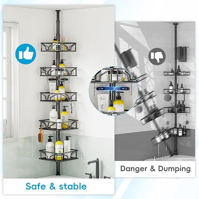Skycarper 5 Tier Adjustable Corner Shower Caddy Organizer with Hooks,Rustproof Tension Pole 62-116 Inch, Black - Image 7