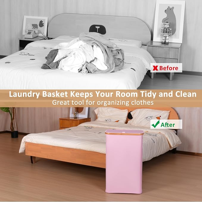 iEGrow 65L Slim Laundry Hamper, Narrow Laundry Basket with Lid,Foldable Clothes Hamper with Bamboo Handles,Hamper Basket with Removable Inner Bag for Laundry Room Bedroom College Dorm,17.17 Gals Pink - Image 3