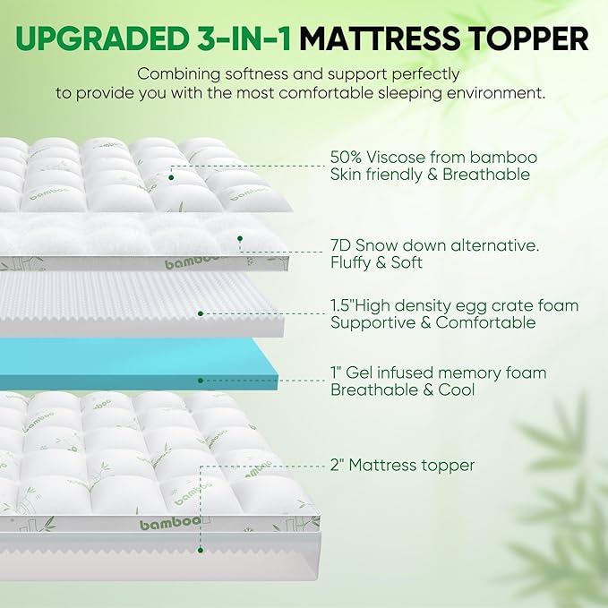Full Mattress Topper, 3 in 1 Memory Foam Mattress Topper for Back Pain, 2" Fluffy Cooling Mattress Toppers Full Breathable Viscose Made from Bamboo and 2.5" Dual Firmness Gel Memory Foam.