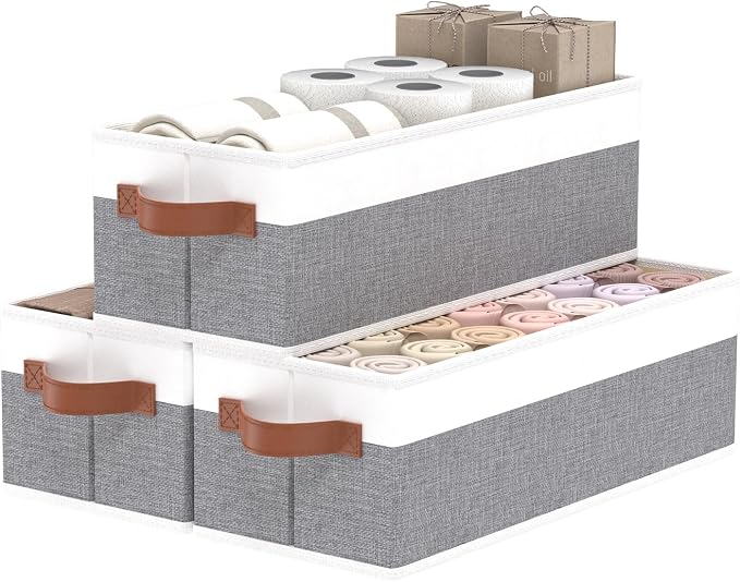 OUTBROS Storage Bins,Foldable Storage Baskets for Organizing,Fabric Storage Boxes With Handles,For bedrooms, living rooms, Shelves,Gray/White,15x6.1x5.1in,3-Pack by OUTBROS
