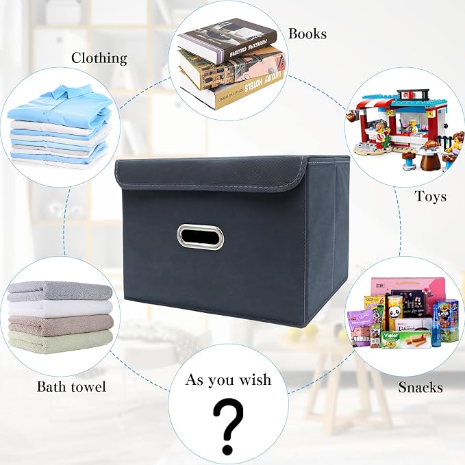 STOREONE Fabric Storage Cube Bins Foldable Organizer Container Collapsible Basket with Lids and Metal Handles, for Home, Bedroom, Closet 8 Pcs (Grey) - Image 3
