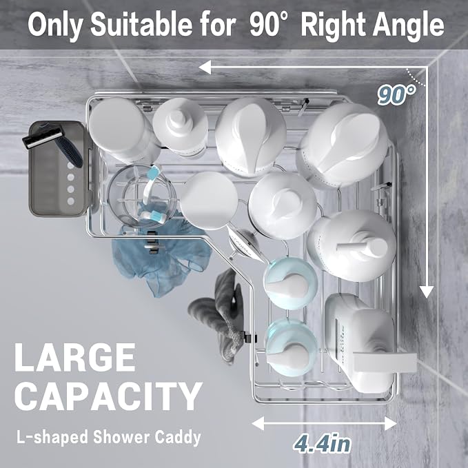 AKTECKE Corner Shower Caddy Shelf Rack: 2 Pack Adhesive Shower Organizer Essentials - No Drilling Stainless Steel Bathroom Storage Rack with Hooks and Toothpaste Holder - Image 3