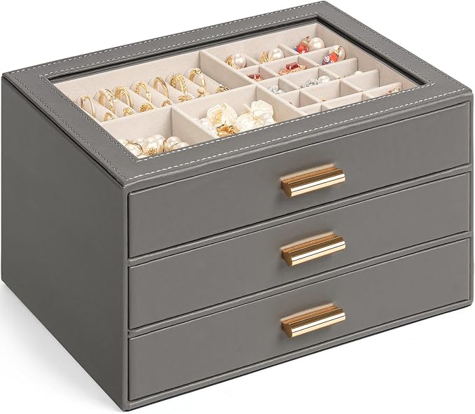 AKOZLIN Jewelry Box with Clear Lid Functional Leather Jewelry Storage Organizer Case 3 Drawers for Women Girls Necklace Ring Bracelet Earring by AKOZLIN