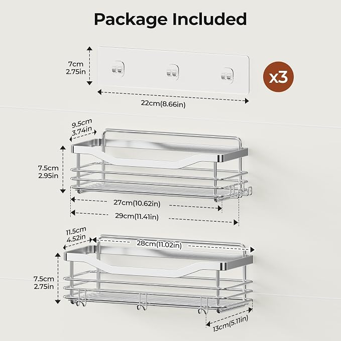 Orimade Shower Caddy Basket Shelf Storage Rack Pack of 2, No Drilling Wall Mounted Adhesive Rust Resistant Stainless Steel Shower Organizer with 5 Hooks for Bathroom, Toilet, Kitchen - Image 2