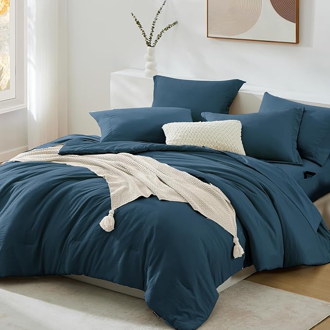 WRENSONGE Full Size Comforter Sets, 7 Pieces Serenity Blue Bed in a Bag with Fitted Sheet, Flat Sheet, 2 Pillow Shams, 2 Pillowcases, Warm Bedding Sets for All Season