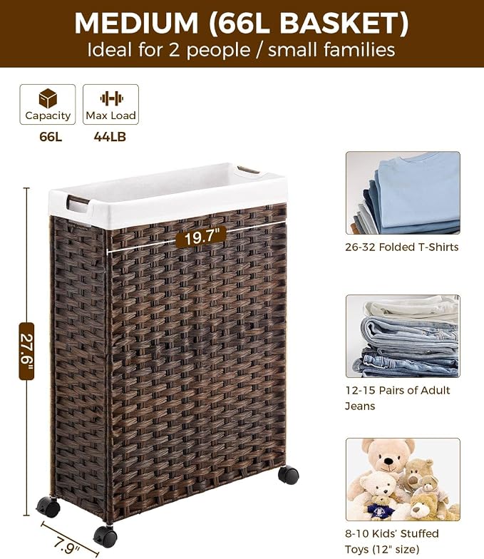 Greenstell Laundry Hamper with Wheels, 17.4 Gallon (66L) Slim Laundry Basket with 2 Removable Liner Bags & 2 Mesh Bags, Narrow Rattan Clothes Hamper for Bedroom, Laundry Room, Bathroom, Brown - Image 4