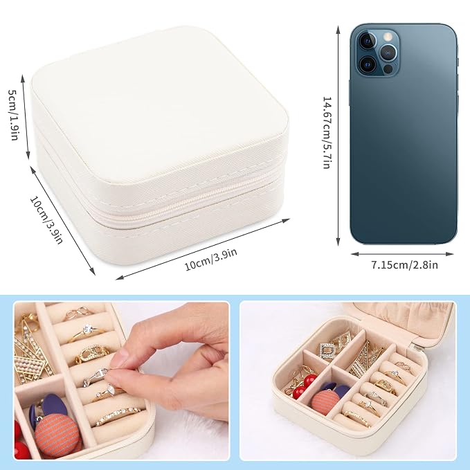 Neveika Portable Travel Mini Jewelry Box Leather Jewellery Ring Organizer Case Storage Gift Box Girls Women (white). - Image 3