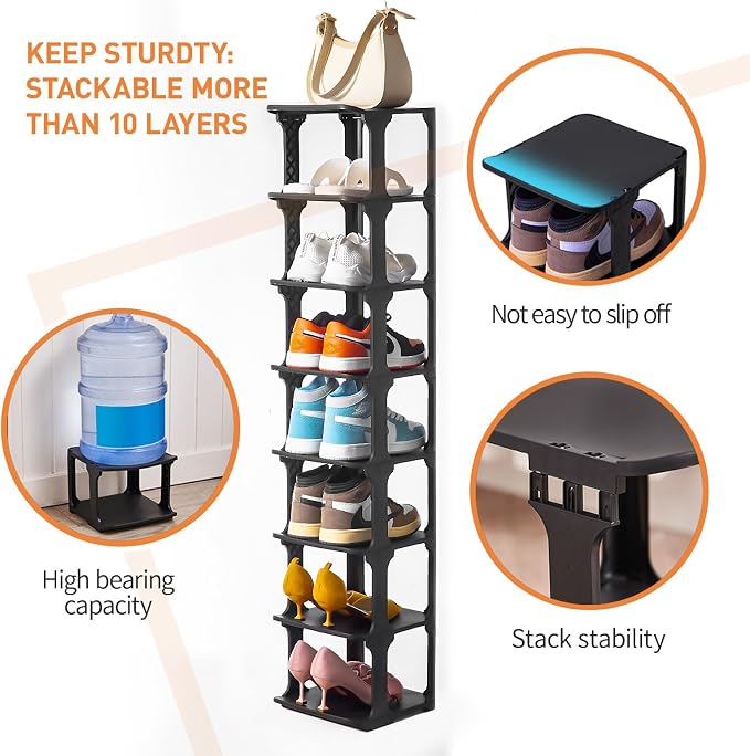 5 Tiers Shoe Rack Organizer for Closet Shoe Holder Storage Narrow Plastic Vertical, Free Standing Shoe Rack Shelf for Entryway Stackable Stability DIY, Black - Image 3