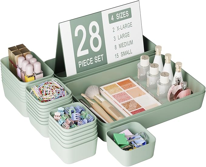 28 pcs Desk Drawer Organizer Tray, Multiple Sizes Plastic Drawer Organizer Storage, Stackable Organizer Containers For Makeup, Bedroom, Kitchen Gadgets Utensils and Office by Homhut