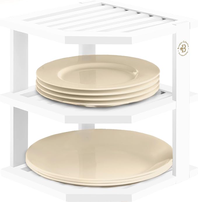 Bambüsi Plate Organizer for Cabinet - Corner Cabinet Organizer and Kitchen Cabinet Organizer Shelf, Kitchen Countertop Organizer for Plates, Dishes and Bowls, Space Saving Corner Rack, White by Bamb%C3%BCsi
