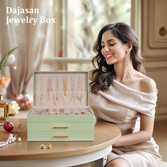 Dajasan Jewelry Box Organizer, 3-Tier Jewelry Storage with 2 Drawers, Large Jewelry Boxes for Women, PU Leather Surface with Texture, Gift Idea, Modern Style, 10.71 x 7 x 5.6 Inches (Avocado Green) - Image 6