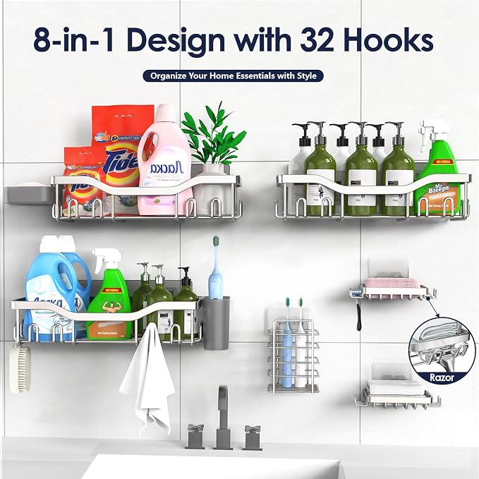 NESOMI Shower Caddy Adhesive Shower Organizer 8-Pack, Rustproof Stainless Steel Bathroom Shelves, Large Capacity No-Drill Rack Storage Accessories with Soap Dish Toothbrush Holder Hooks - Image 7