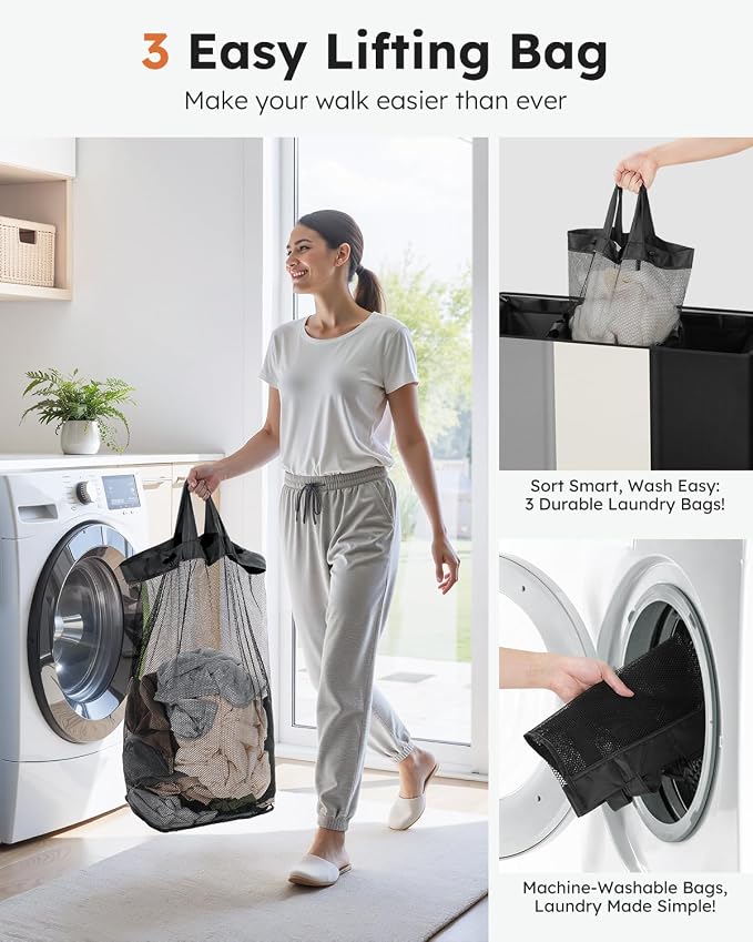 SOLEDI Laundry Hamper 3 section with lid and 3 Pcs Bag, Large Hamper 3 compartment 180L, Laundry Basket Laundry sorter Clothes hamper for Laundryroom Bedroom Blanket Storage Organizer - Image 4