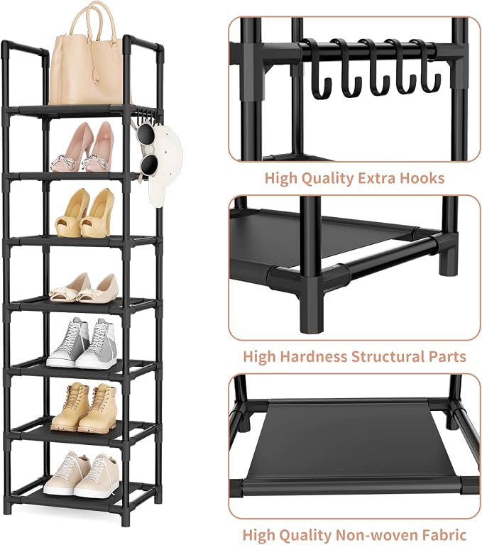 LANTEFUL Tall Shoe Rack 7 Tier Narrow Shoe Shelf Storage for 7-14 Pairs Shoe and Boot, Sturdy Shoe Storage Space Saving Corner Shoe Rack Organizer for Closet, Entryway, Living Room, Black - Image 4