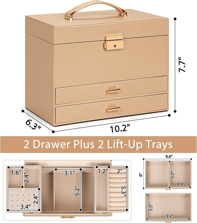 AKOZLIN Travel Jewelry Box Organizer Functional 2-trays Leather Jewelry Storage Case with Lockable Portable 2 Drawers for Women Girls Ring Necklace Earring Bracelet - Image 3