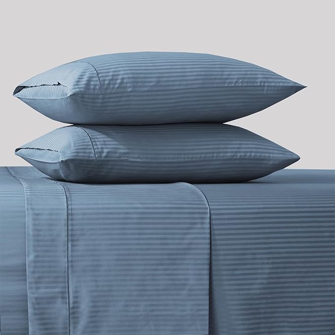 Feather & Stitch 500 TC Full Size Damask Bed Sheet Set, 100% Cotton Soft Breathable Bedsheets, 4 Piece 18" Deep Pockets Sateen Weave Striped Bedding Mattress Resort Hotel Luxury Décor - (Blue Stripe)