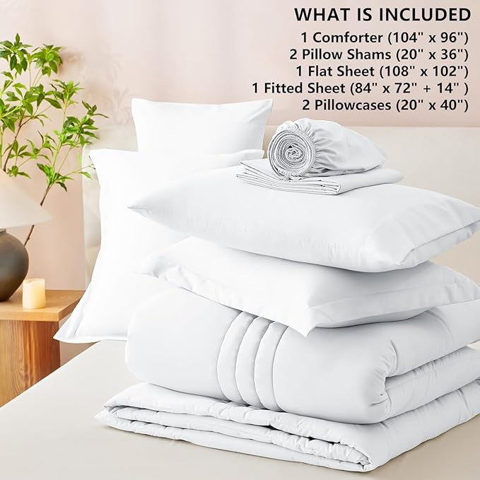 CozyLux California King Size Comforter Set - 7 Pieces Bed in a Bag White Comforter Set with Sheets Cal King, Soft Bedding Set with Down Alternative Comforter, Sheets, Pillowcases & Shams